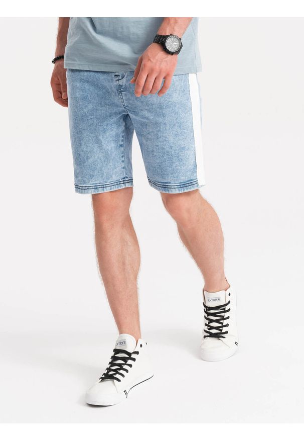 Ombre Clothing - Krótkie spodenki męskie jeansowe - jasny jeans V1 - Rozmiar: M. Materiał: jeans. Długość: krótkie