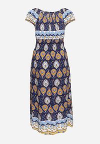 Born2be - Granatowa Sukienka Bawełniana z Gumką w Talii i Mozaikowym Wzorem Vestra. Kolor: niebieski. Materiał: bawełna. Sezon: lato #5