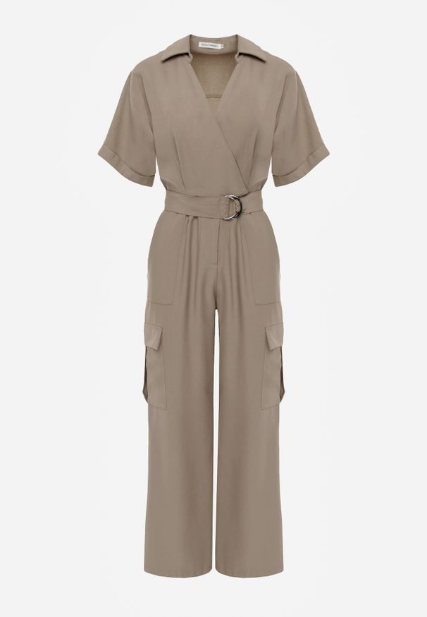 Renee - Ciemnozielony Długi Kombinezon w Stylu Utility z Kieszeniami Cargo Paskiem i Kołnierzykiem Qillilena. Okazja: na co dzień. Kolor: zielony. Długość: długie. Styl: elegancki, casual