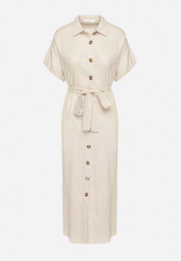 Born2be - Beżowa Koszulowa Sukienka z Lnem Wiskozą i Paskiem Lenaviel. Okazja: na co dzień. Kolor: beżowy. Materiał: wiskoza, len. Typ sukienki: koszulowe. Styl: casual, klasyczny