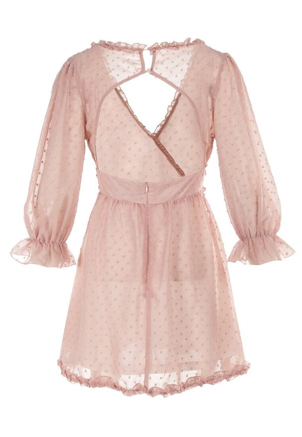 Born2be - Różowa Sukienka Taphionis. Typ kołnierza: kołnierz z falbankami. Kolor: różowy. Materiał: tkanina. Typ sukienki: kopertowe. Długość: mini