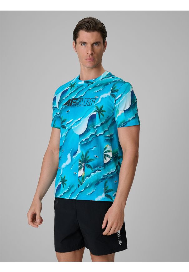 4f - 4F T-shirt regular z nadrukiem męski - niebieski L. Okazja: na co dzień. Kolor: niebieski. Materiał: materiał, bawełna, dzianina. Wzór: nadruk. Styl: klasyczny, casual