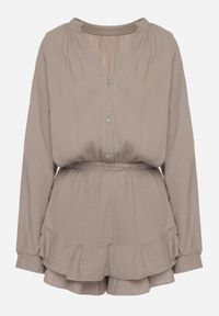 Born2be - Ciemnobeżowy Bawełniany Kombinezon z Elastyczną Gumką w Talii i Spódnico-Spodenkami Gleasea. Okazja: na co dzień. Kolor: beżowy. Materiał: bawełna. Styl: casual, elegancki #5