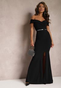 Renee - Czarna Taliowana Sukienka Maxi z Rozcięciem Perlina. Kolor: czarny. Długość rękawa: na ramiączkach. Typ sukienki: rozkloszowane. Styl: elegancki. Długość: maxi #1