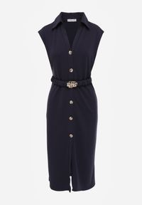 Born2be - Granatowa Sukienka z Wiskozy z Elastycznym Paskiem Ozdobną Klamrą i Guzikami Alcerine. Kolor: niebieski. Materiał: wiskoza. Styl: elegancki, klasyczny #6