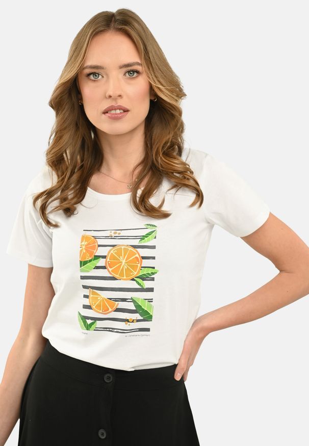 Volcano - T-shirt z nadrukiem T-VALERY. Kolor: biały. Materiał: bawełna, materiał, skóra. Wzór: nadruk. Styl: klasyczny