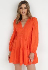 Born2be - Pomarańczowa Sukienka Merirah. Kolor: pomarańczowy. Materiał: bawełna, tkanina. Długość rękawa: długi rękaw. Wzór: aplikacja, haft. Długość: mini #3