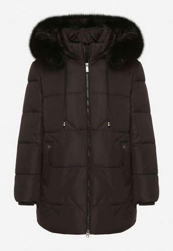 Born2be - Czarna Pikowana Kurtka z Kapturem z Futerkiem w Klasycznym Stylu Mindrie. Okazja: na spacer, na co dzień. Typ kołnierza: kaptur. Kolor: czarny. Materiał: futro. Wzór: aplikacja. Styl: klasyczny