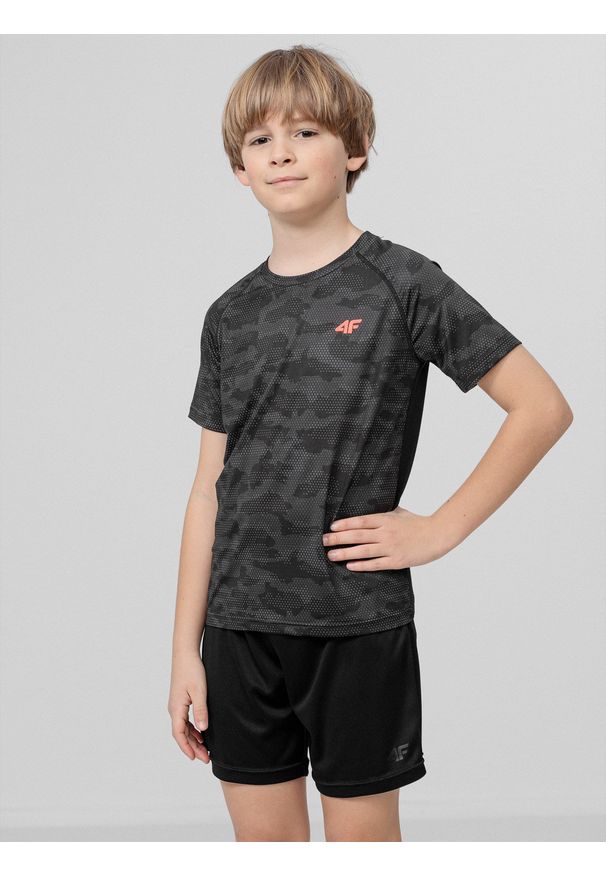 4f - Koszulka sportowa chłopięca (122-164). Kolor: czarny. Materiał: dzianina, włókno, materiał
