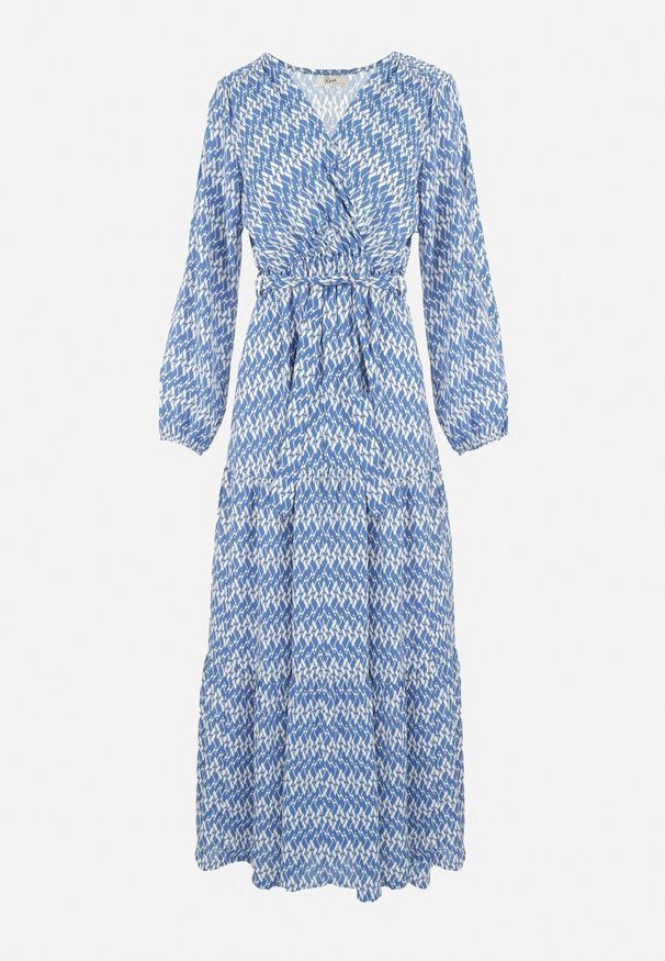 Born2be - Niebieska Sukienka Rozkloszowana z Gumką w Pasie Mosho. Okazja: na co dzień. Kolor: niebieski. Materiał: materiał, tkanina. Długość rękawa: długi rękaw. Typ sukienki: rozkloszowane, kopertowe, proste. Styl: boho, casual. Długość: maxi