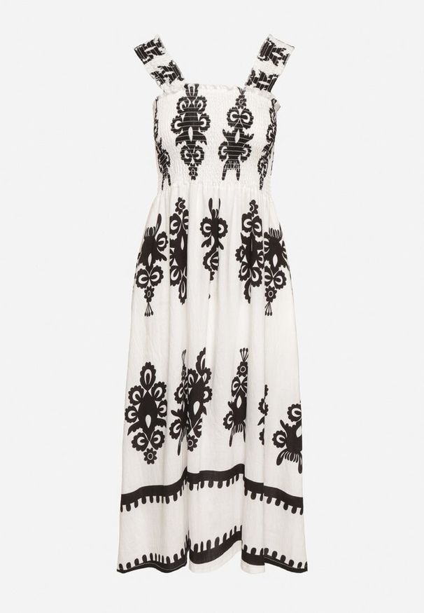 Born2be - Biała Wiskozowa Sukienka o Rozkloszowanym Kroju w Ornamentny Wzór Adoxie. Okazja: na spacer, na co dzień. Kolor: biały. Materiał: wiskoza. Długość rękawa: na ramiączkach. Typ sukienki: proste, rozkloszowane. Styl: casual, klasyczny