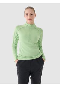 4f - 4F Bluza treningowa slim szybkoschnąca damska - zielona L. Okazja: na co dzień. Typ kołnierza: bez kaptura, kołnierzyk stójkowy. Kolor: zielony. Długość: krótkie. Wzór: ze splotem, jednolity, gładki. Materiał: materiał, syntetyk, dzianina, włókno, elastan. Długość rękawa: raglanowy rękaw. Styl: sportowy, klasyczny, casual. Sport: fitness, bieganie #1