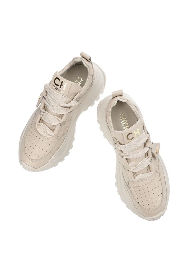 CheBello - Beżowe Sneakersy Chebello Modne Obuwie Damskie. Kolor: beżowy. Materiał: jeans, skóra. Styl: sportowy, klasyczny