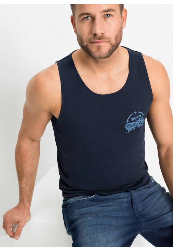 bonprix - Tank top (3 szt.). Kolor: niebieski. Materiał: bawełna. Wzór: nadruk. Sezon: lato