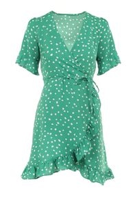 Born2be - Zielona Sukienka Caeike. Kolor: zielony. Wzór: nadruk, kropki, aplikacja. Typ sukienki: kopertowe, asymetryczne #6