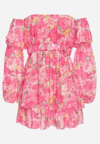 Born2be - Fuksjowa Wiskozowa Sukienka Hiszpanka z Falbanami i Paskiem w Kwiaty Virmoi. Okazja: na spacer, na co dzień. Typ kołnierza: dekolt hiszpanka. Kolor: różowy. Materiał: wiskoza. Wzór: kwiaty. Typ sukienki: proste. Styl: casual #2