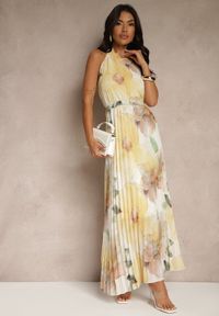 Renee - Żółta Plisowana Sukienka z Wiązaniem i Paskiem z Klamrą Nitolia. Kolor: żółty. Materiał: tkanina. Sezon: lato