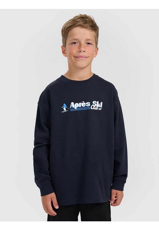 4f - 4F Longsleeve regular z nadrukiem chłopięcy - granatowy 152 (11-12 lat). Okazja: na co dzień. Kolor: niebieski. Materiał: dzianina, bawełna. Długość rękawa: długi rękaw. Wzór: nadruk. Sezon: lato. Styl: casual
