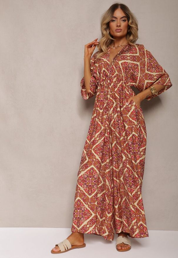 Renee - Fuksjowo-Beżowy Boho Kombinezon z Wiązaniem na Plecach z Gumką w Pasie i Długimi Nogawkami Sopolia. Kolor: różowy. Materiał: skóra. Długość: długie. Styl: boho