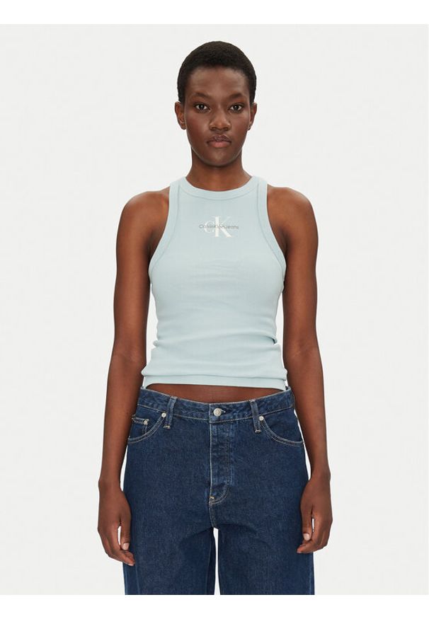 Calvin Klein Jeans Top Monologo J20J225301 Niebieski Slim Fit. Kolor: niebieski. Materiał: bawełna