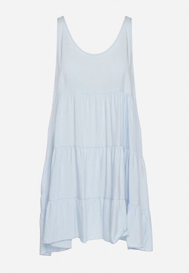 Born2be - Jasnoniebieska Bawełniana Rozkloszowana Sukienka na Ramiączkach z Falbanami Criselles. Okazja: na plażę, na spacer. Typ kołnierza: kołnierz z falbankami. Kolor: niebieski. Materiał: bawełna. Długość rękawa: na ramiączkach. Sezon: lato. Styl: elegancki