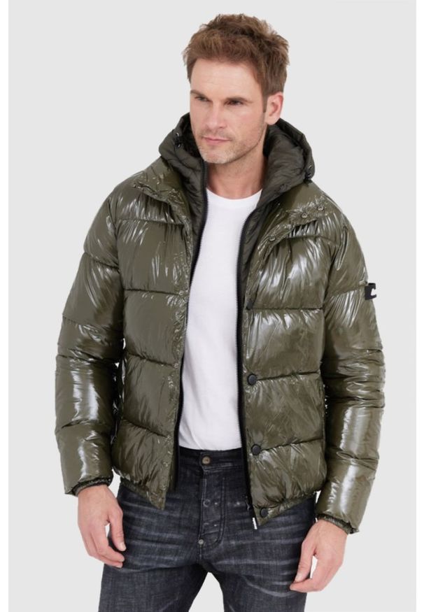 Invicta - INVICTA Zielona męska błyszcząca kurtka puchowa z kapturem, Rozmiar L. Typ kołnierza: kaptur. Kolor: zielony. Materiał: puch