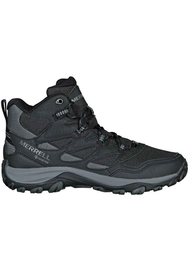Buty trekkingowe męskie Merrell West Rim Sport Mid Gtx. Zapięcie: sznurówki. Kolor: czarny. Materiał: syntetyk, materiał, tkanina. Szerokość cholewki: normalna. Sport: turystyka piesza