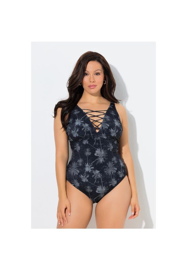ULLA POPKEN - Damskie Kostium kąpielowy palmy miękkie miseczki wiązanie z recyklingu. Kolekcja: plus size. Kolor: czarny. Materiał: poliester, elastan, poliamid, materiał