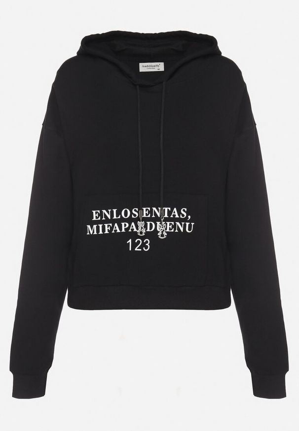 Born2be - Czarna Casualowa Bluza z Kapturem i Kieszonką Zelotia. Okazja: na co dzień. Typ kołnierza: kaptur. Kolor: czarny. Materiał: jeans. Styl: casual