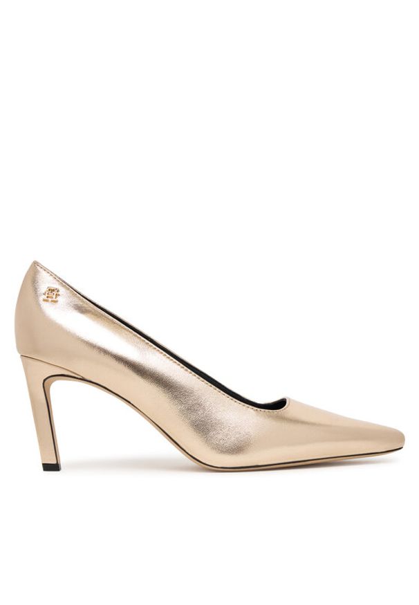 TOMMY HILFIGER - Tommy Hilfiger Szpilki Logo Metallic Pump Slanted Hl FW0FW08994 Złoty. Kolor: złoty. Materiał: skóra. Obcas: na szpilce