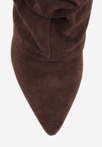 Renee - Brązowe Marszczone Kozaki na Słupkowym Obcasie z Wywiniętą Cholewką Runella. Okazja: na co dzień, na imprezę. Kolor: brązowy. Materiał: jeans, skóra. Szerokość cholewki: normalna. Obcas: na obcasie. Styl: elegancki, casual. Wysokość obcasa: średni #6