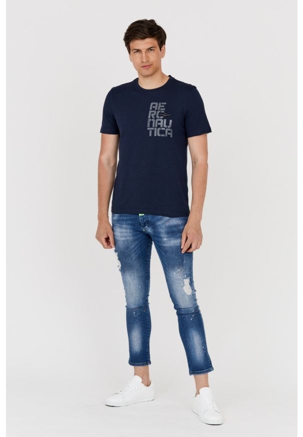Aeronautica Militare - AERONAUTICA MILITARE Granatowy bawełniany t-shirt męski, Rozmiar L. Kolor: niebieski. Materiał: bawełna. Długość rękawa: krótki rękaw. Długość: krótkie. Wzór: haft