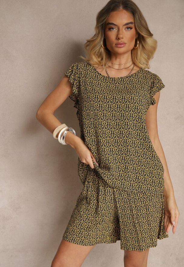 Renee - Czarno-Żółty Komplet z Bawełny Zdobiony Etnicznym Printem T-shirt i Szorty Sarilena. Kolor: żółty. Materiał: bawełna. Wzór: aplikacja, nadruk