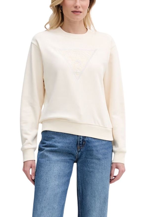 Guess - GUESS Beżowa bluza damska z cyrkoniami Triangle Lace, Rozmiar M. Okazja: na co dzień. Kolor: beżowy. Materiał: dresówka, jeans. Wzór: aplikacja. Styl: casual, klasyczny, elegancki
