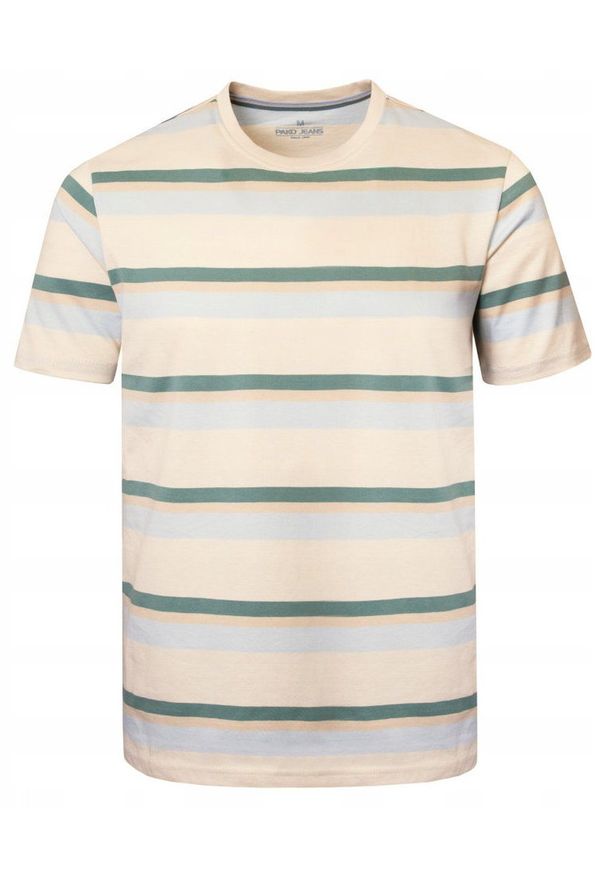 Bawełniana Koszulka Polo w Paski - Pako Jeans - Beżowa. Okazja: na co dzień. Typ kołnierza: polo. Kolor: wielokolorowy, brązowy, beżowy. Materiał: bawełna. Wzór: prążki, paski. Styl: casual
