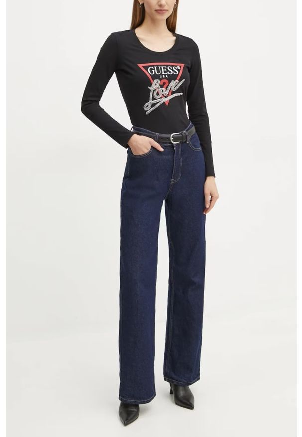 Guess - GUESS Czarny damski longsleeve Love Tee. Kolor: czarny. Długość rękawa: długi rękaw