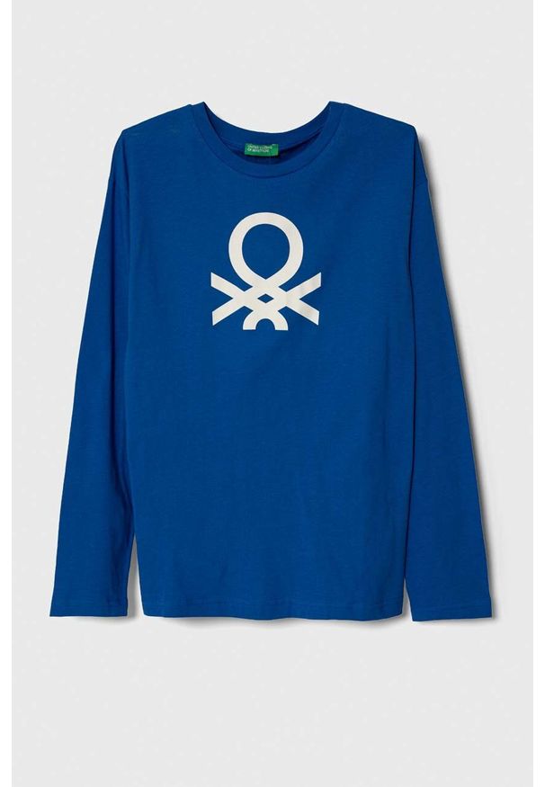 United Colors of Benetton longsleeve bawełniany dziecięcy kolor niebieski z nadrukiem. Kolor: niebieski. Materiał: bawełna. Długość rękawa: długi rękaw. Wzór: nadruk. Styl: klasyczny