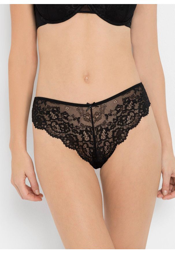 bonprix - Figi brazylijskie z delikatnej koronki (2 pary). Kolor: czarny. Materiał: koronka. Wzór: koronka