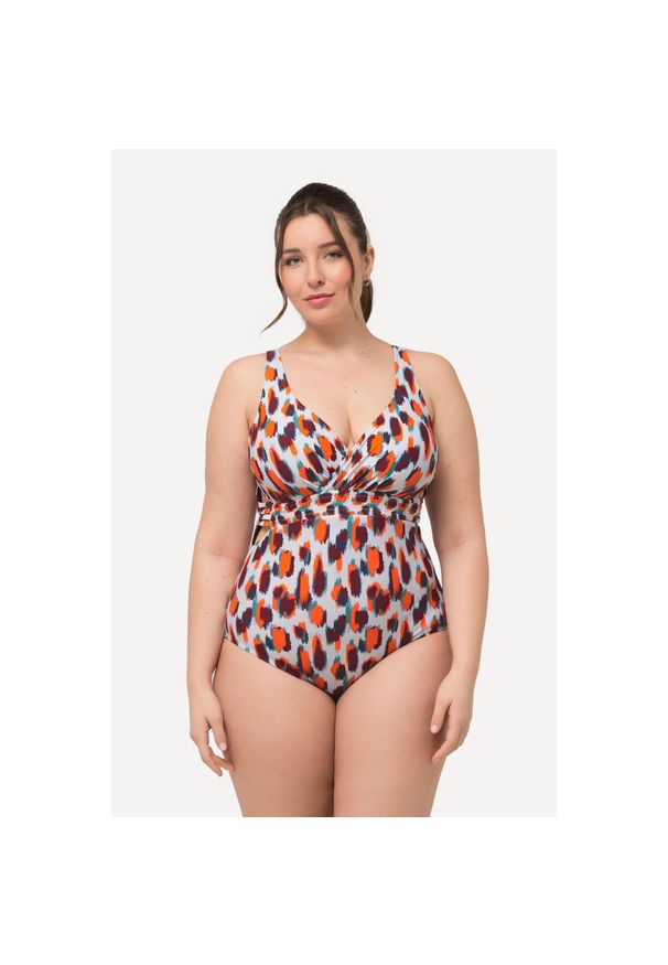 ULLA POPKEN - Damski Kostium kąpielowy nakrapiany wzór wyjmowane miękkie miseczki. Kolekcja: plus size. Kolor: biały. Materiał: poliamid, materiał, elastan