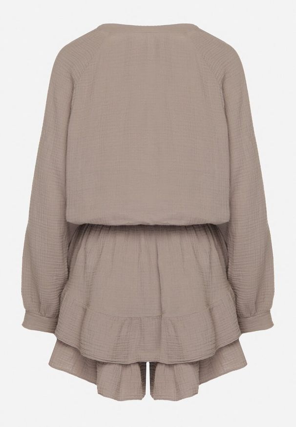 Born2be - Ciemnobeżowy Wiązany Bawełniany Kombinezon Boho z Falbankami i Wiązaniem Lalelia. Kolor: beżowy. Materiał: bawełna. Sezon: lato. Styl: boho