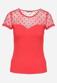 Born2be - Czerwony Wiskozowy T-shirt Bluzka z Przezroczystymi Rękawami i Dekoltem Fiavara. Kolor: czerwony. Materiał: wiskoza. Sezon: lato #5