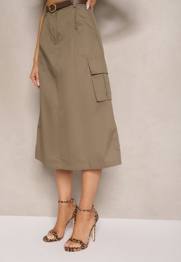 Renee - Ciemnozielony Komplet w Stylu Utility Koszula Cropped Bez Rękawów i Spódnica z Kieszeniami Notcha. Kolor: zielony