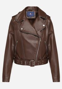 Born2be - Brązowa Kurtka Ramoneska z Paskiem z Klamrą Ralvila. Okazja: na co dzień. Kolor: brązowy. Materiał: materiał, wiskoza, jeans. Długość rękawa: długi rękaw. Długość: długie. Styl: casual, rockowy, elegancki #5