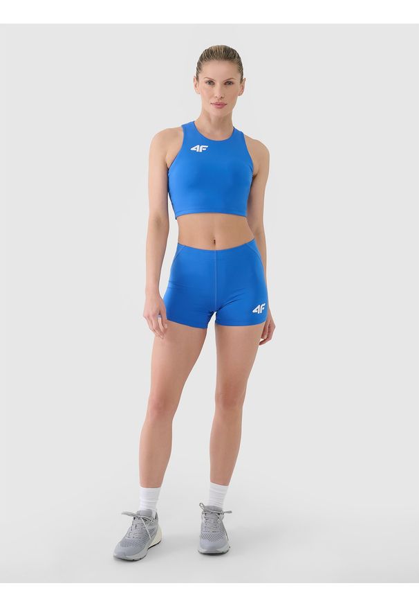 4f - 4F Legginsy krótkie treningowe damskie - niebieskie XL. Kolor: niebieski. Materiał: dzianina, elastan, włókno, syntetyk, materiał. Długość: krótkie. Wzór: gładki, jednolity, ze splotem. Sport: fitness