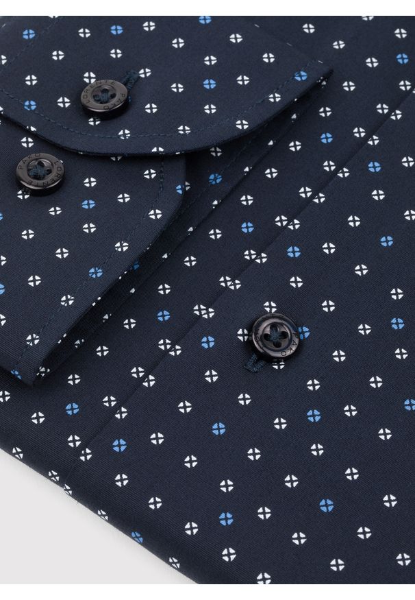 Pako Lorente - PAKO LORENTE – Granatowa koszula męska w mikrowzór. Kolor: niebieski. Materiał: bawełna, elastan. Długość rękawa: długi rękaw. Długość: długie. Sezon: wiosna, lato