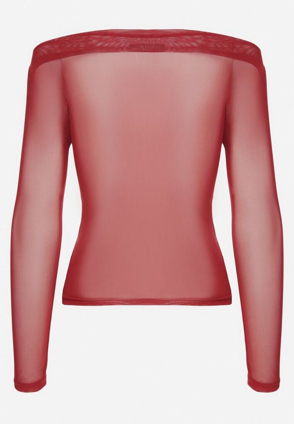 Born2be - Czerwona Bluzka Siateczkowa z Marszczeniem i Kwiatową Aplikacją Nelimor. Okazja: na co dzień. Kolor: czerwony. Materiał: jeans, bawełna. Wzór: kwiaty, aplikacja. Styl: elegancki, casual