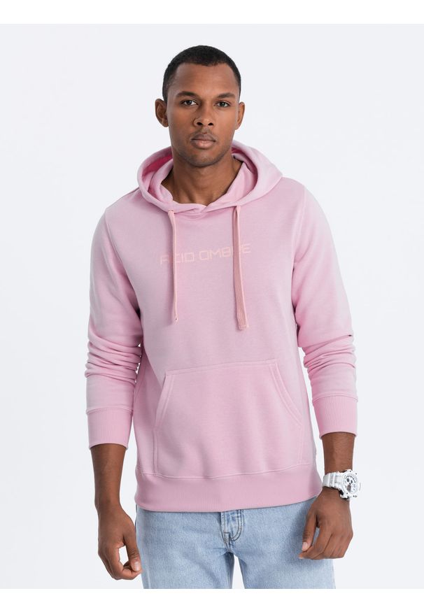 Ombre Clothing - Bluza męska w mocnych kolorach - różowa V5. Typ kołnierza: kaptur. Kolor: różowy. Materiał: bawełna, poliester. Wzór: nadruk