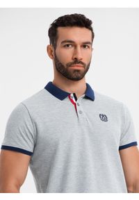 Ombre Clothing - Męska koszulka polo z kolorowymi akcentami – szary melanż V1 - Rozmiar: S. Typ kołnierza: polo. Kolor: szary. Materiał: bawełna, dzianina. Wzór: kolorowy, melanż. Styl: elegancki, klasyczny, sportowy