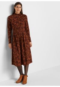 bonprix - Sukienka z bawełnianego dżerseju. Typ kołnierza: kołnierzyk stójkowy. Kolor: brązowy. Materiał: jersey, bawełna. Długość rękawa: długi rękaw. Wzór: nadruk, kwiaty #1