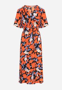 Born2be - Pomarańczowa Sukienka z Bawełną i Bufiastymi Rękawami w Kwiaty Lunedita. Okazja: na co dzień. Kolor: pomarańczowy. Materiał: bawełna. Wzór: kwiaty. Styl: casual, elegancki #2